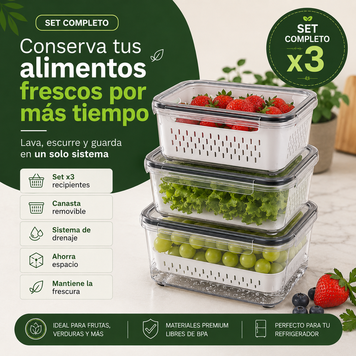 Organizador de frutas y verduras | Set x 3 piezas
