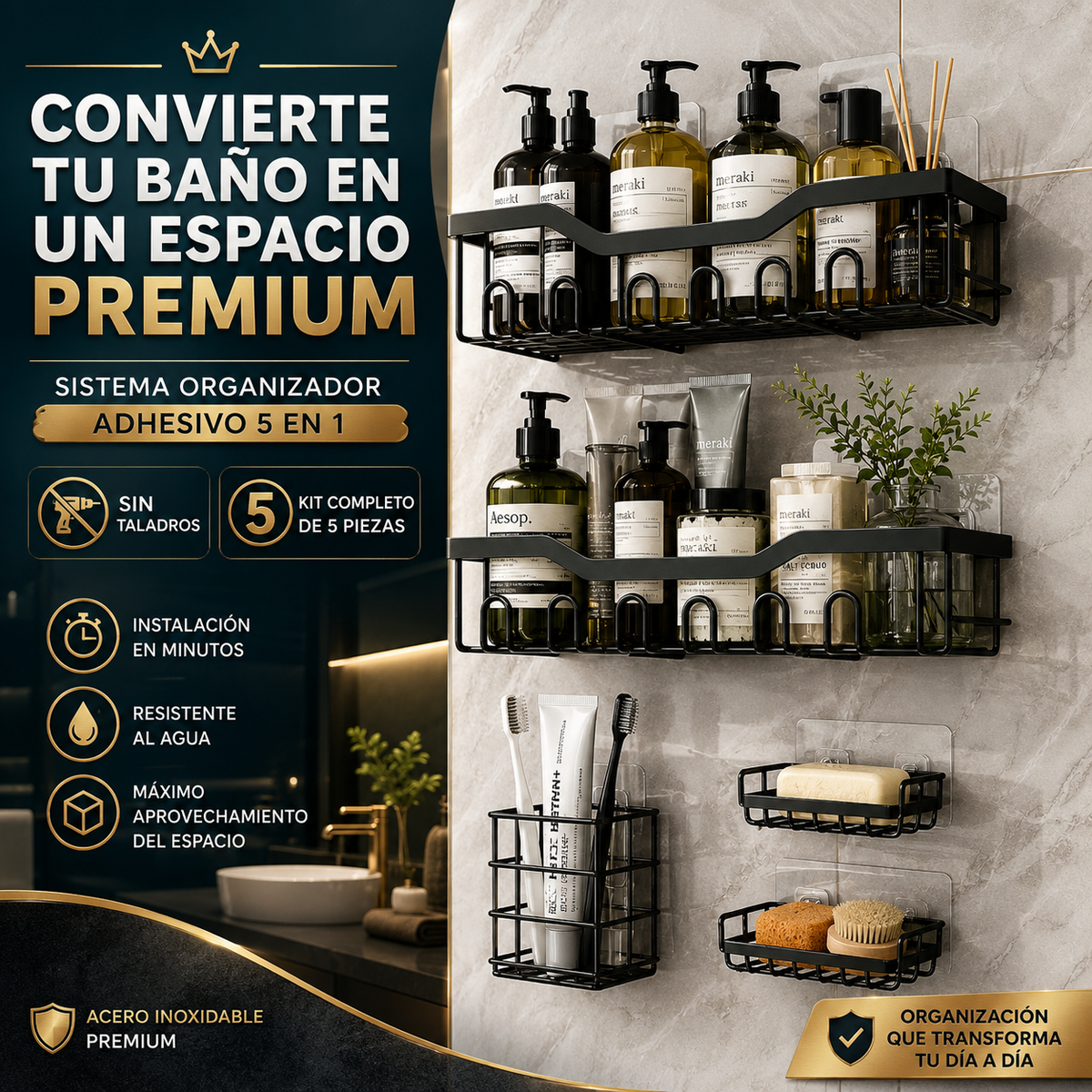 Organizador de baño x 5 piezas | acero inoxidable