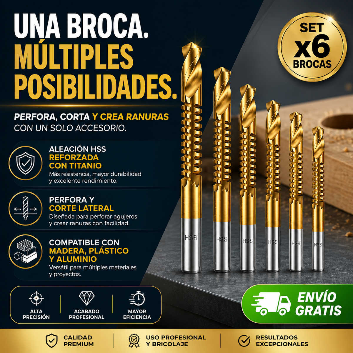 Brocas para Corte Lateral por 6 piezas | ALEACIÓN DE TITANIO